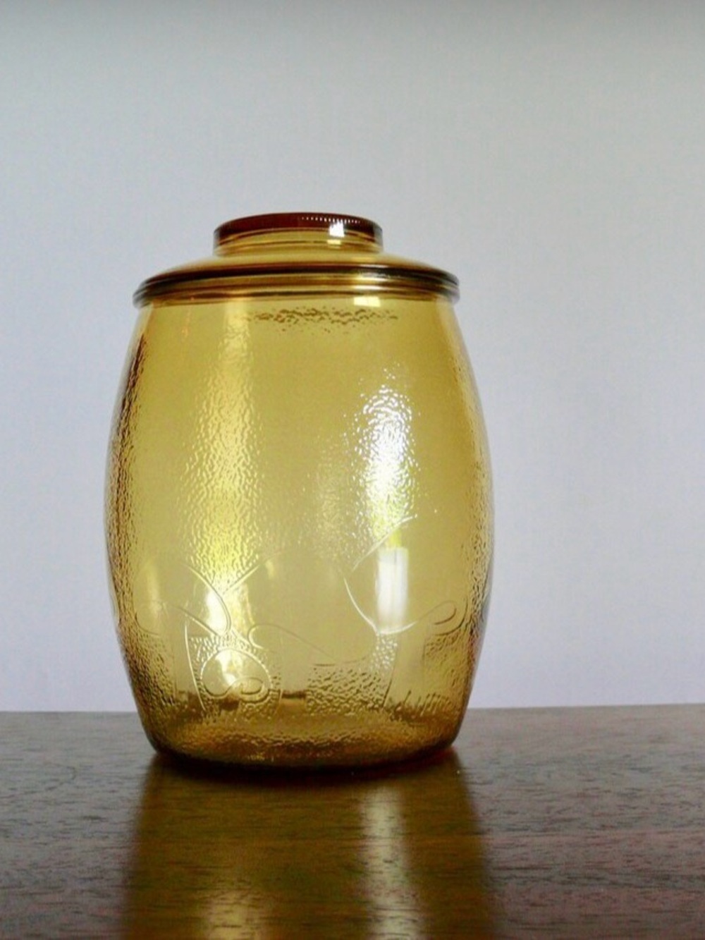 Vintage Boho Mushroom Bartlett Collins Amber Glass Cookie Jar with Lid
